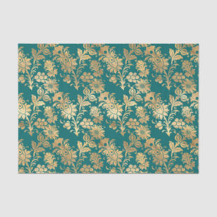 Teal and Gold Foil Floral Damask Tissue Paper