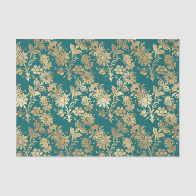 Teal and Gold Foil Floral Damask Tissue Paper (Front)
