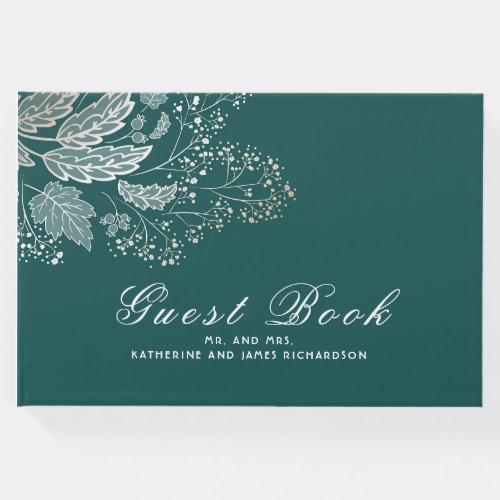 Teal and Gold Foliage Elegant Wedding Guest Book - Gold baby's breath and solid emerald color background elegant wedding guest books