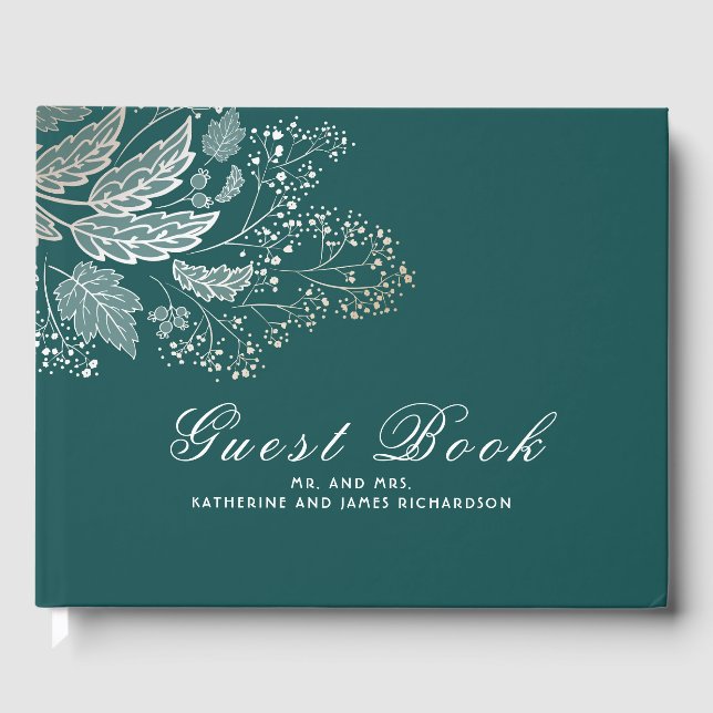 Teal and Gold Foliage Elegant Wedding Guest Book (Front)