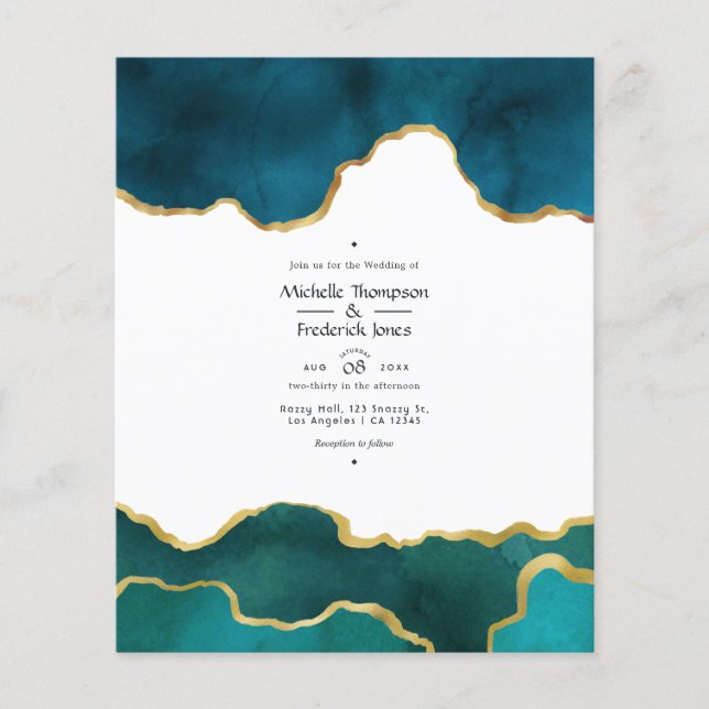 Teal and Gold Geode Agate Stone Wedding Flyer (Front)