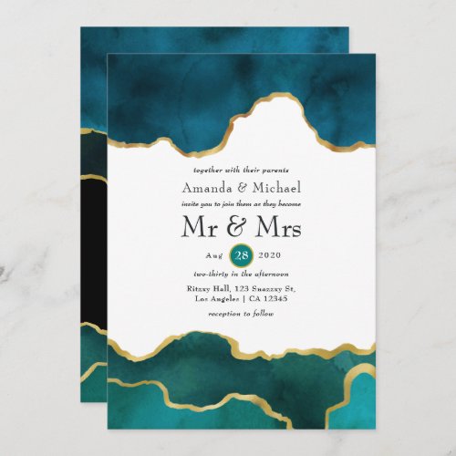 Teal and Gold Geode Agate Stone Wedding Invitation