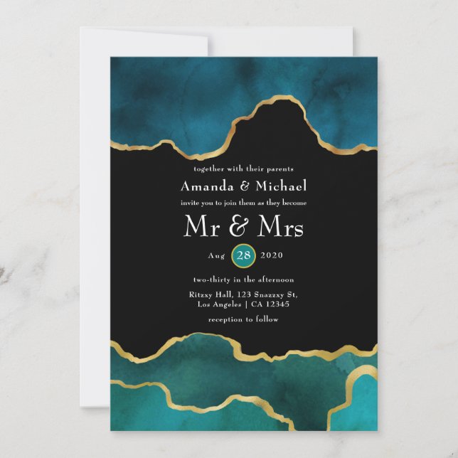 Teal and Gold Geode Agate Stone Wedding Invitation (Front)
