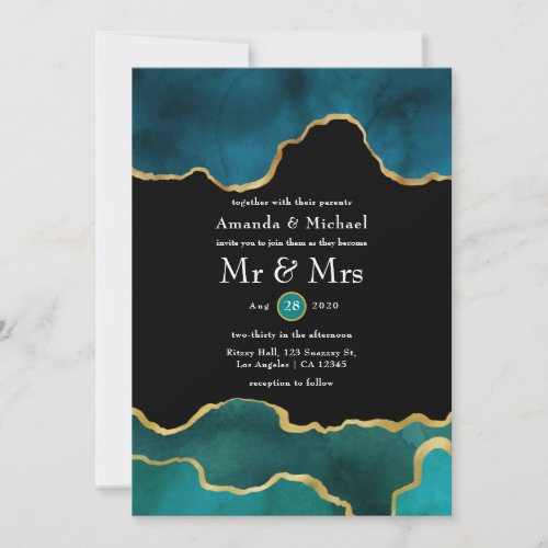 Teal and Gold Geode Agate Stone Wedding Invitation