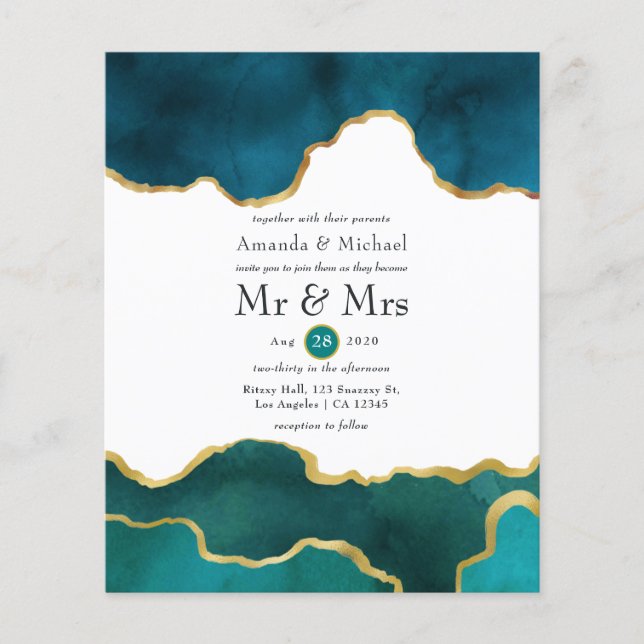 Teal and Gold Geode Agate Stone Wedding Invitation Flyer (Front)