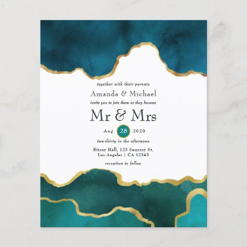 Teal and Gold Geode Agate Stone Wedding Invitation Flyer