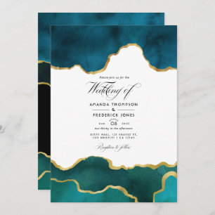 Teal and Gold Geode Agate Stone Wedding Photo Invitation