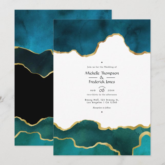 Teal and Gold Geode Agate Stone Wedding Photo Invitation (Front/Back)