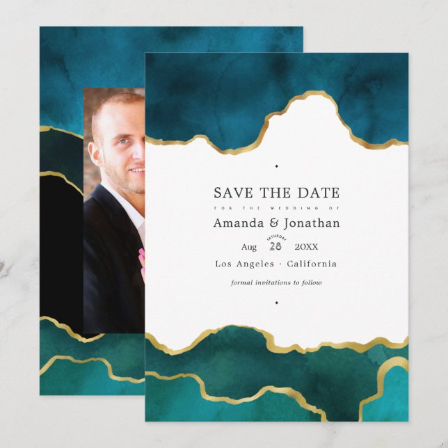 Teal and Gold Geode Agate Stone Wedding Photo Save The Date (Front/Back)