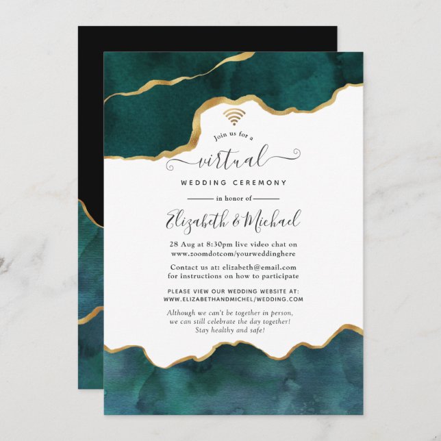 Teal and Gold Geode Agate Virtual Wedding Invitation (Front/Back)