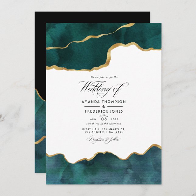 Teal and Gold Geode Agate Virtual Wedding Photo Invitation (Front/Back)