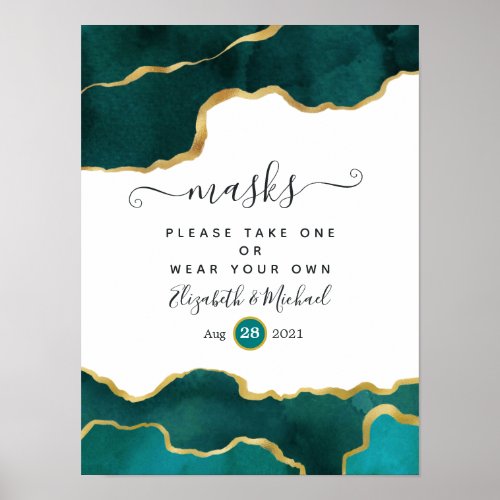 Teal and Gold Geode Agate Wedding Face Masks Poster