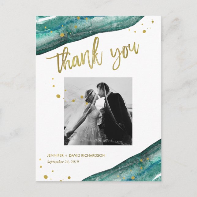 Teal and Gold Geode Wedding Photo Thank You Postcard (Front)