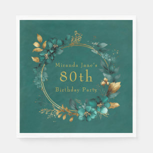 Teal and Gold Geometric Floral 80th Birthday Party Napkins