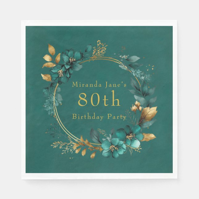 Teal and Gold Geometric Floral 80th Birthday Party Napkins (Front)
