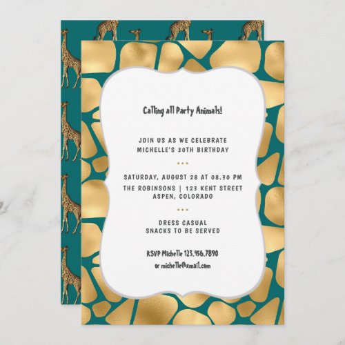 Teal and Gold Giraffe Any Age Birthday Invitation