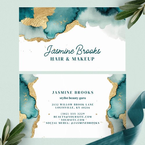 Teal And Gold Glam Watercolor Business Card