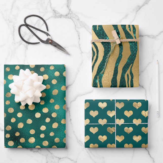 Teal and Gold Glam Wrapping Paper Sheets (Front)