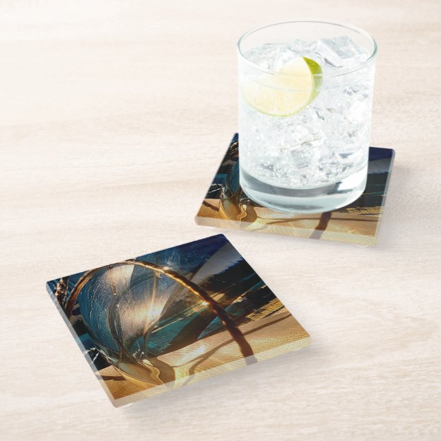 Teal and Gold Glass Coaster (Angled)