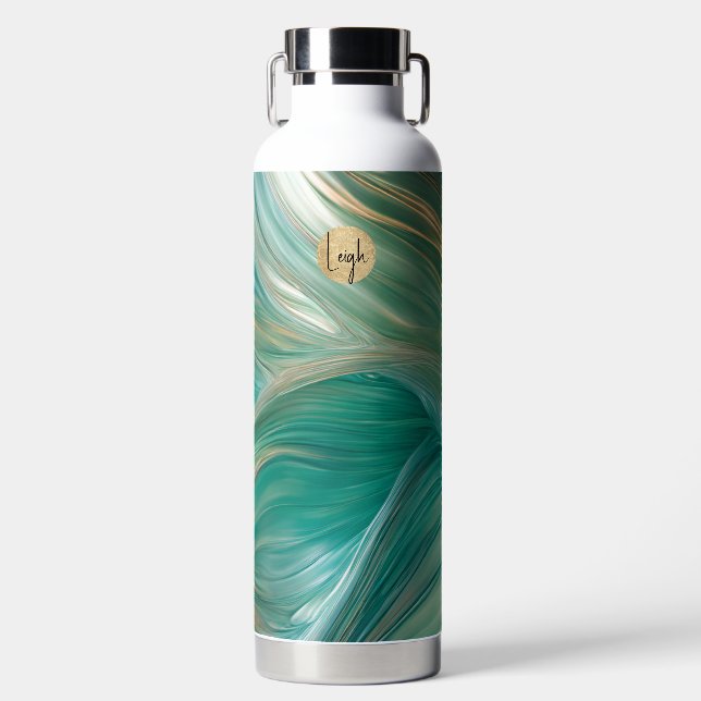 Teal and Gold Glassy Swirls Water Bottle (Front)