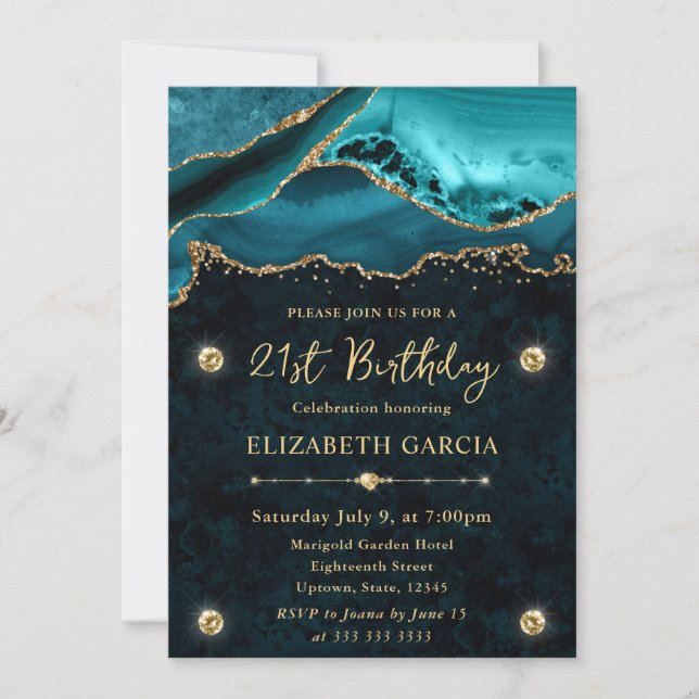 Teal and Gold Glitter Agate 21st Birthday Invitation (Front)