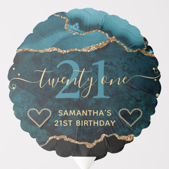 Teal and Gold Glitter Agate Marble Birthday Balloon (Front)