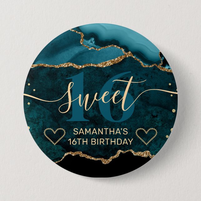 Teal and Gold Glitter Agate Marble Sweet 16  Button (Front)