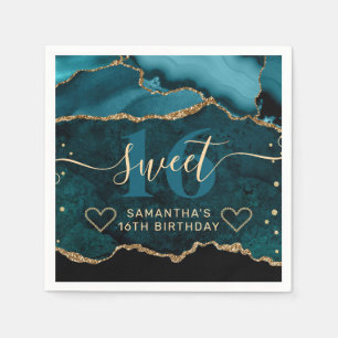 Teal and Gold Glitter Agate Marble Sweet 16 Napkins