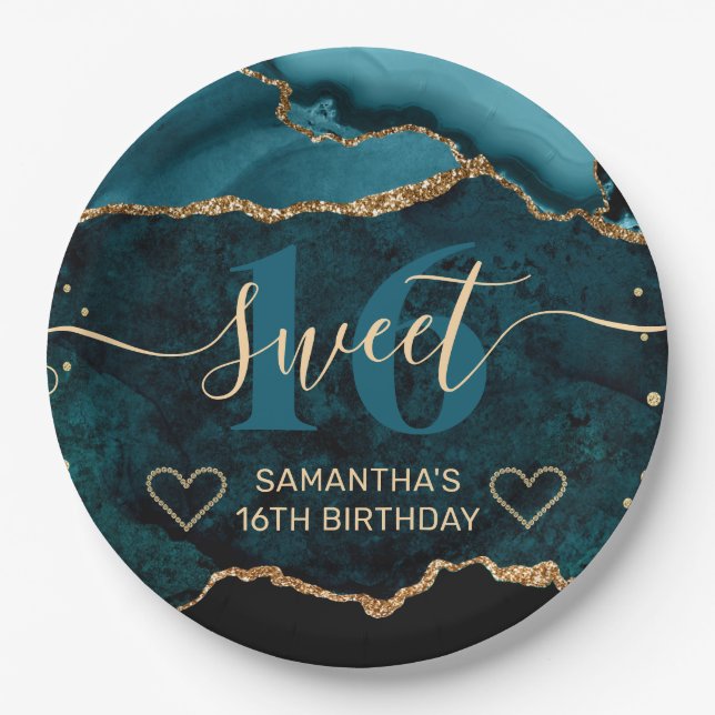 Teal and Gold Glitter Agate Marble Sweet 16  Paper Plates (Front)