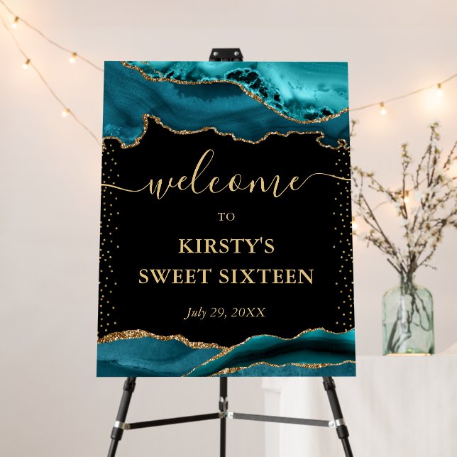Teal and Gold Glitter Agate Sweet 16 Welcome Foam Board (In Situ (Stand))