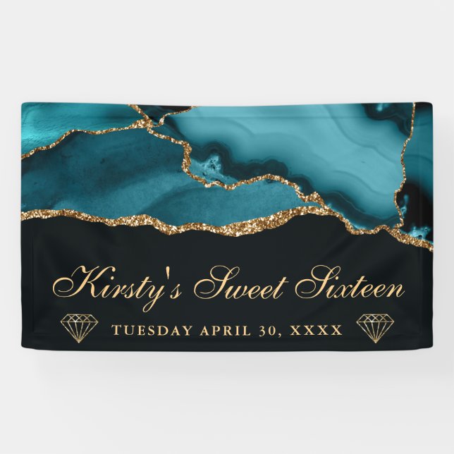 Teal and Gold Glitter Agate Sweet Sixteen Banner (Horizontal)