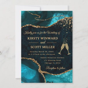 Teal and Gold Glitter Agate Wedding Invitation