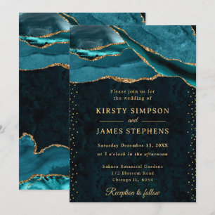 Teal and Gold Glitter Agate Wedding Invitation