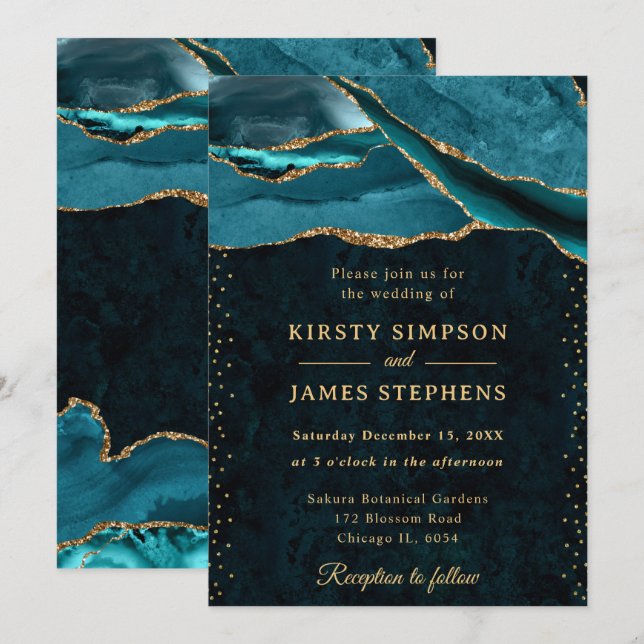 Teal and Gold Glitter Agate Wedding Invitation (Front/Back)