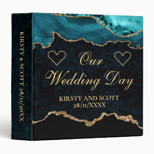 Teal and Gold Glitter Agate Wedding Photo Album 3 Ring Binder