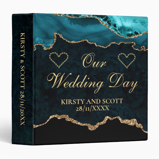 Teal and Gold Glitter Agate Wedding Photo Album 3 Ring Binder (Front/Spine)