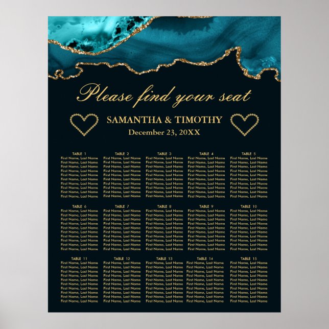 Teal and Gold Glitter Agate Wedding Seating Chart (Front)