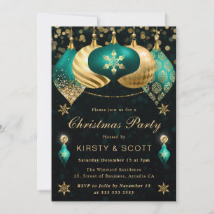 Teal and Gold Glitter Baubles Christmas Party Invitation