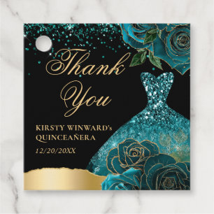 Teal and Gold Glitter Dress Glam Roses Quinceanera Favor Tags