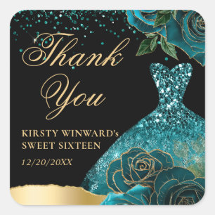 Teal and Gold Glitter Dress Glam Roses Sweet 16 Square Sticker