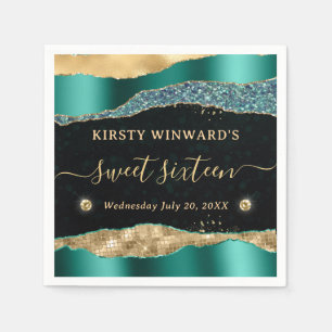 Teal and Gold Glitter Glam Tears Bokeh Sweet 16 Napkins