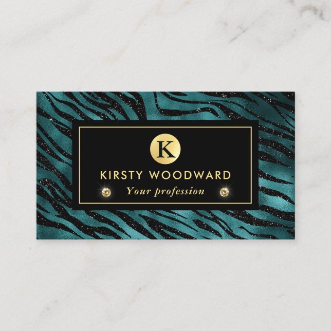 Teal and Gold Glitter Glam Zebra Stripes Pattern Business Card (Front)