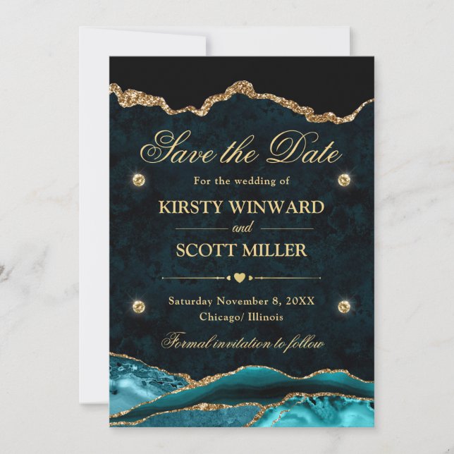 Teal and Gold Glitter Marble Agate Save the Date (Front)