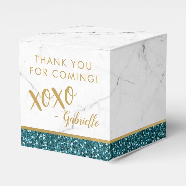 Teal and Gold Glitter Modern Marble xoxo Favor Boxes (Front Side)