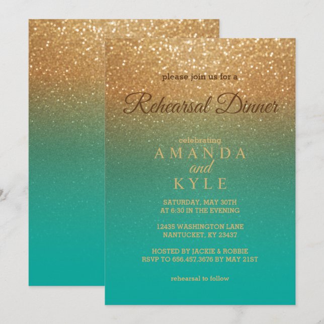 Teal and Gold Glitter - Rehearsal Dinner Invitation (Front/Back)
