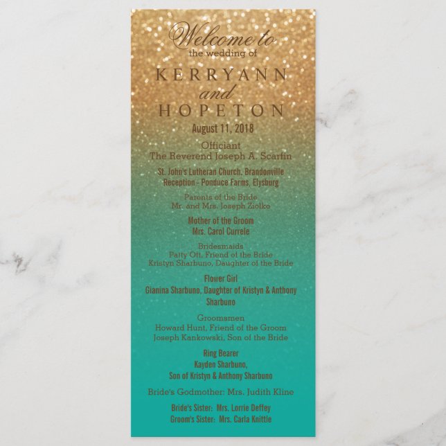 Teal and Gold Glitter Wedding Ceremony Program (Front)