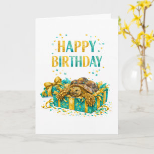 Teal and Gold Happy birthday Sulcata tortoise gift Card