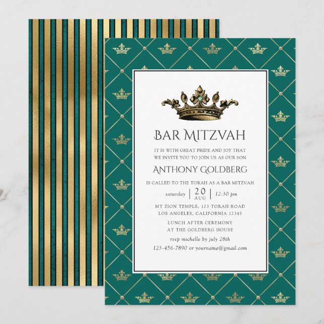 Teal and Gold Heraldic Bar Mitzvah Invitation (Front/Back)