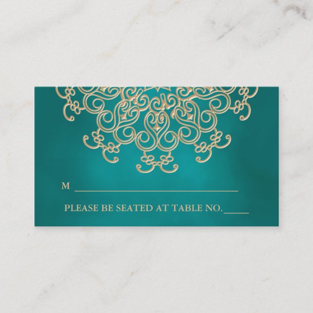 Teal and Gold Indian Inspired Seating Place Card (Front)