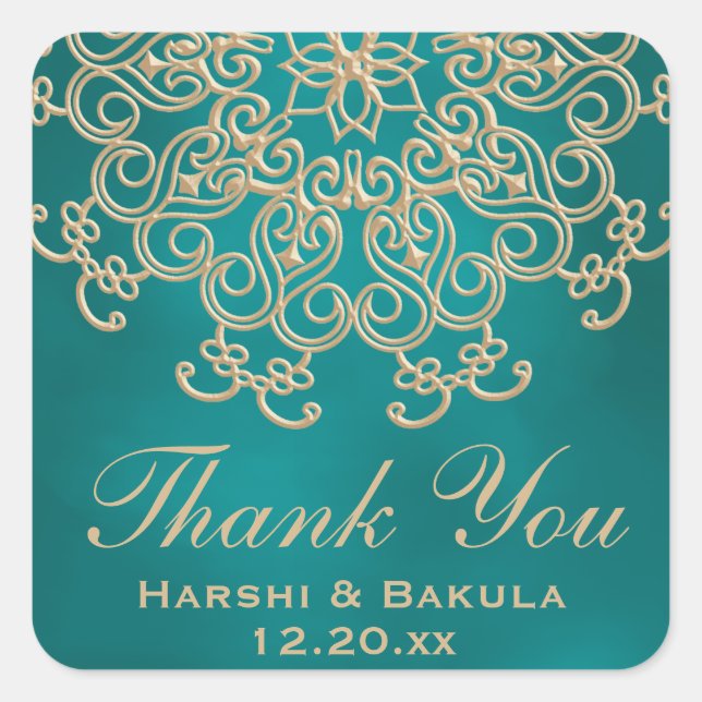 TEAL AND GOLD INDIAN INSPIRED THANK YOU LABEL (Front)